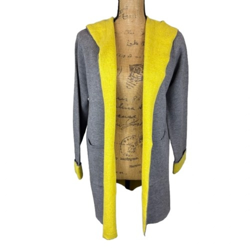 Oliver by Escio Heavy Hooded Longline Cardigan Gray Yellow Colorblock Medium